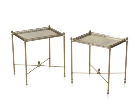 PAIR OF FRENCH METAL OCCASIONAL TABLES, the inset mirrored rectangular tops with metal galleries and acorn finials above four