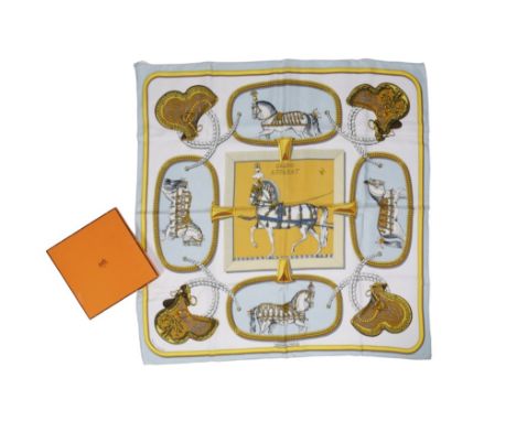 HERMES: 'GRAND APPARET' SILK SCARF, designed in 1962 by Jacques Endel, horse and saddle motif on white background with blue s