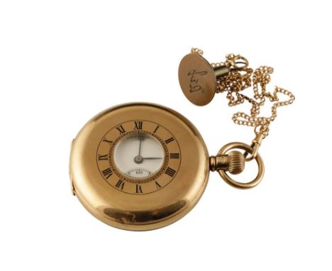 J.W.BENSON OF LONDON 9CT GOLD HALF HUNTER KEYLESS WIND GENTLEMAN'S POCKET WATCH with white enamel dial, black Roman numerals,