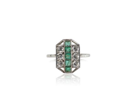 EMERALD AND DIAMOND ART DECO RING, five square-cut emeralds, flanked each side by a row of three round-cut diamonds, on a whi