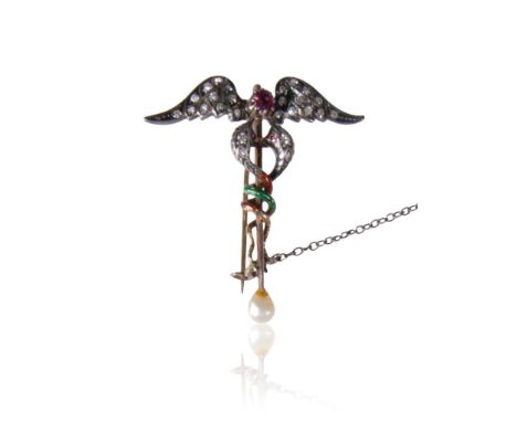 DIAMOND &amp; ENAMEL MEDICAL CADUCEUS SYMBOLIC BROOCH, with a cultured pearl terminal, in a fitted "Harrisons Ltd Old Bond St