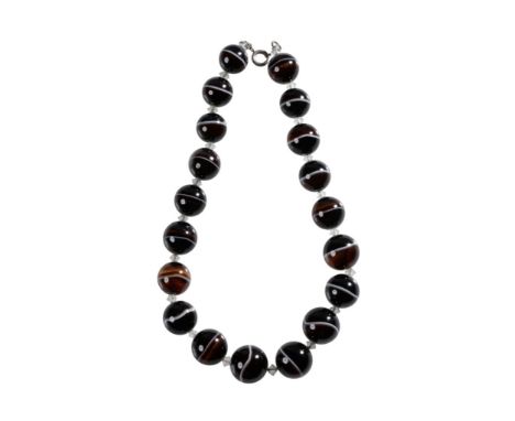 CATS EYE BEAD NECKLACE, each bead interspersed with clear paste dividers, on a white metal chain with ring clasp, approximate