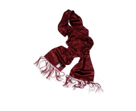 JEAN MUIR BURGUNDY EVENING SCARF, dark red embossed design with knotted tassels. 200 x 21cm