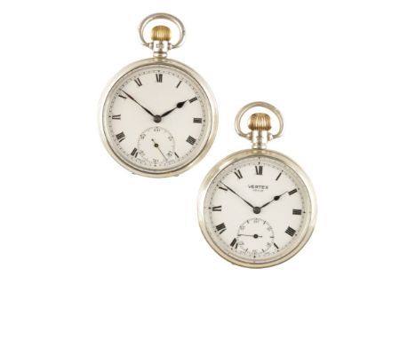TWO VERTEX SILVER CASED OPEN FACE GENTLEMAN'S POCKET WATCHES with keyless winds, white enamel dials, subsidiary seconds dials