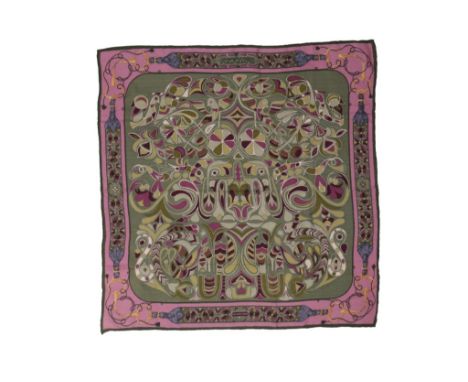 HERMES: 'FOLKLORE' SILK TWILL SCARF, designed by Henri D'Origny, circa 1970, in sage green and berry with pink border, 90cm x