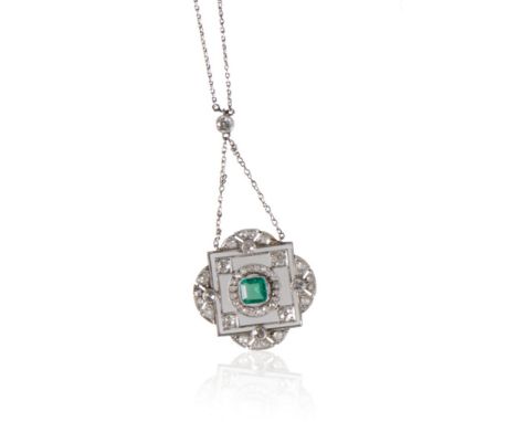 ART NOUVEAU EMERALD AND DIAMOND PENDANT NECKLACE, the square-cut emerald collet set, surrounded by a ring of micro-set diamon