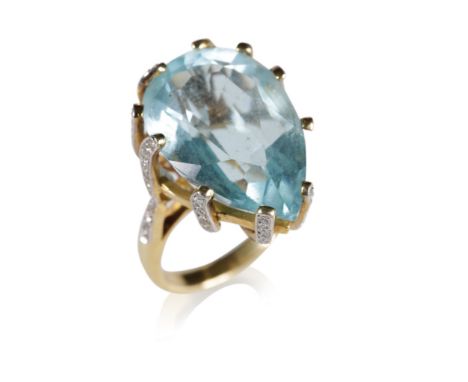 AQUAMARINE AND DIAMOND RING, the large pear-cut aquamarine, diamond claw set on an 18ct yellow gold shank with diamond set sh