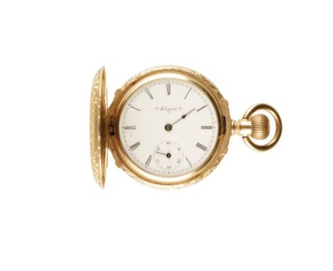 ELGIN 14CT GOLD GENTLEMAN'S POCKET WATCH with keyless wind movement, white enamel dial, black Roman numerals, subsidiary seco