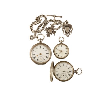 SILVER CASED OPEN FACE GENTLEMAN,S POCKET WATCH with white enamel dial , subsidiary seconds dial black Roman numerals , gold 