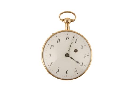 GOLD CASED REPEATER CYLINDER GENTLEMAN'S POCKET WATCH with white enamel dial, Arabic numerals and dark blue steel hands, Fren