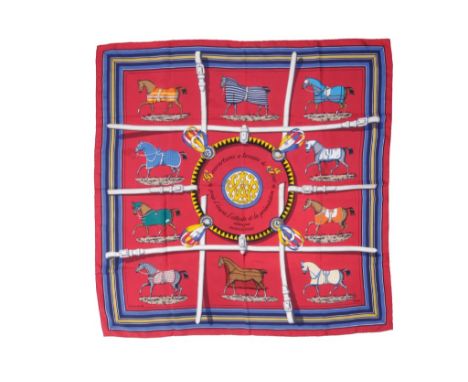 HERMES 'COUVERTURES ET TENUES DE JOUR' SILK SCARF, designed by Jacques Eudel. Released 1970s. Red background with predominant