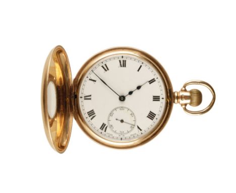 9CT GOLD HALF HUNTER POCKET WATCH with white enamel dial, black Roman numerals, subsidiary seconds dial and dark blue steel h