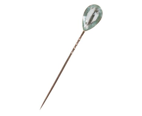 AN AQUAMARINE STICK PIN set in yellow gold with a tier-drop shaped stone, circa 22mm x 13mm and a Victorian yellow gold tie p