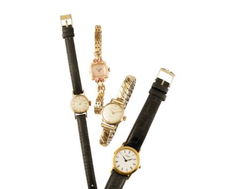 CERTINA 9CT GOLD LADY'S WRIST WATCH with manual wind movement, silver dial, gold baton numerals, gold hands, on black leather