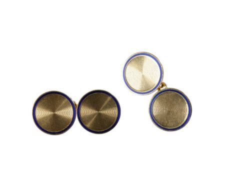 A PAIR OF 18CT YELLOW GOLD CIRCULAR CUFFLINKS with blue enamel borders