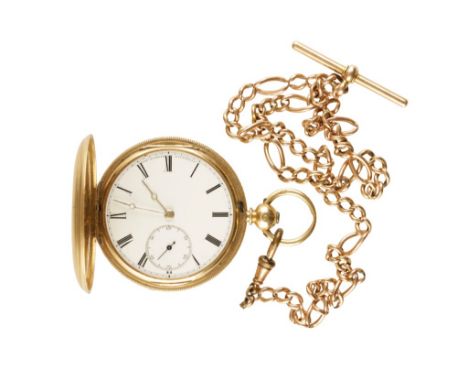 18CT GOLD FULL HUNTER POCKET WATCH BY ROSKELL OF LONDON with key wind movement, white enamel dial, black Roman numerals, gold