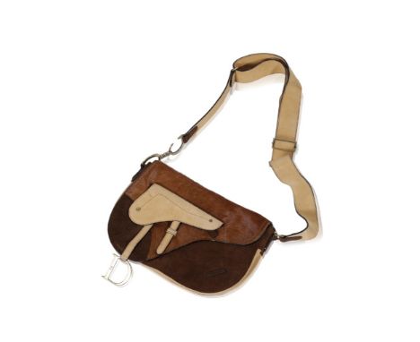 CHRISTIAN DIOR BROWN AND TAN SUEDE LEATHER 'SADDLE' STYLE SHOULDER BAG, with matte satin finished hardware and embossed 'Dior