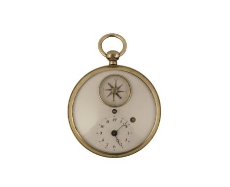 SILVER COMPASS DIAL VERGE GENTLEMAN'S POCKET WATCH with white enamel dial, Arabic numerals and dark blue steel hands, Swiss, 