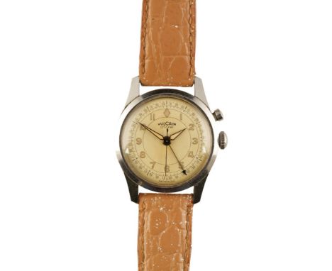 VULCAIN CRICKET ALARM STAINLESS STEEL CASE GENTLEMAN'S WRIST WATCH with manual wind movement, white dial, tachymeter, Arabic 