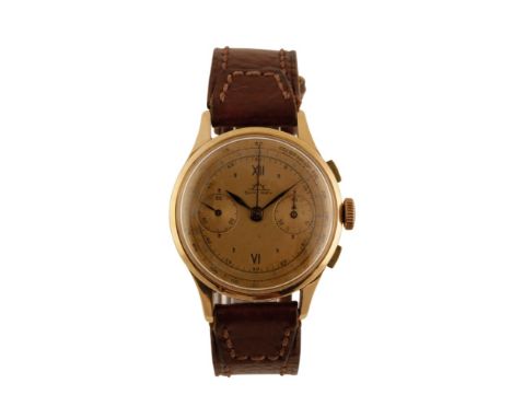 SUN-RAY 18CT GOLD GENTLEMAN'S CHRONOGRAPH WRIST WATCH with manual wind movement, gold coloured dial, double register, Roman n