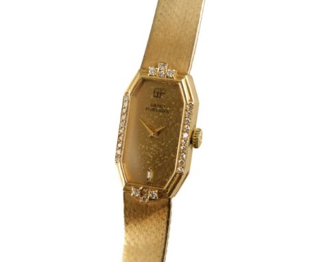 GIRARD-PERREGAUX 14CT GOLD LADIES BRACELET WATCH with manual wind movement, encrusted diamond edge case, gold coloured dial, 