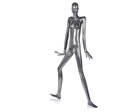 SCHLAPPI: AN EXHIBITION MANNEQUIN c.1970's, the stylised female figure in a wide stance, silvered fibreglass, 189cm tall Orig