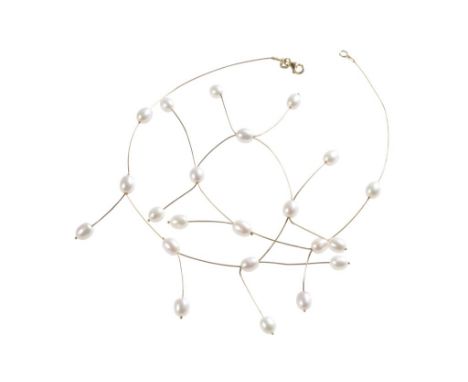 CULTURED PEARL AND YELLOW GOLD NECKLACE, the gold wire effect necklace, stamped "585" scattered with oval white tone cultured
