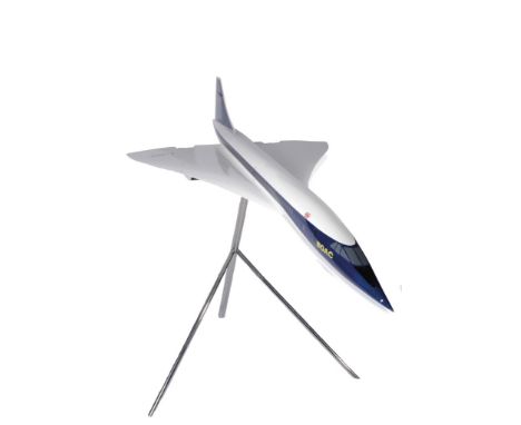 CONCORDE: A LARGE COMPOSITE MODEL OF THE B.O.A.C CONCORDE G-BOAC mounted on a purpose made chrome plated tripod stand, approx