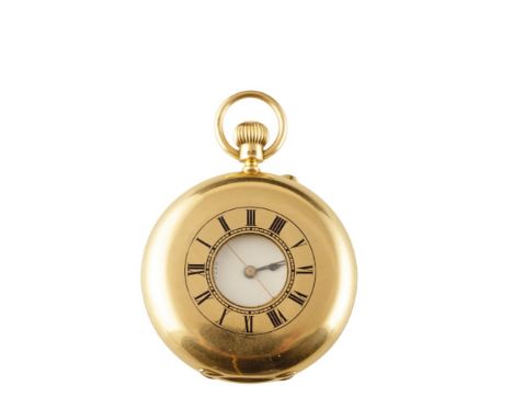 18CT GOLD ARMY &amp; NAVY CO-OPERATIVE SOCIETY LTD. GENTLEMAN'S HALF HUNTER POCKET WATCH with keyless wind movement, white en