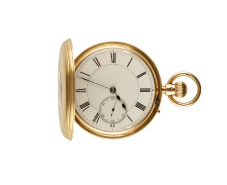 H. WEBSTER OF LONDON 18CT GOLD KEYLESS WIND HALF HUNTER POCKET WATCH with white enamel dial black Roman numerals , subsidiary