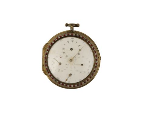 WILLIAM CARPENTER BRASS GEM SET PAIR CASED GENTLEMAN'S POCKET WATCH with white enamel dial, triple register, Roman numerals a