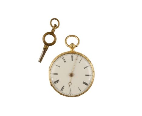 18CT GOLD GENTLEMAN'S POCKET WATCH with key wind movement, white enamel dial, black Roman numerals and gold hands, case dia. 