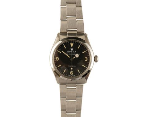 ROLEX EXPLORER PRECISION GENTLEMAN'S STAINLESS STEEL BRACELET WATCH with manual wind movement black dial, luminous Arabic and