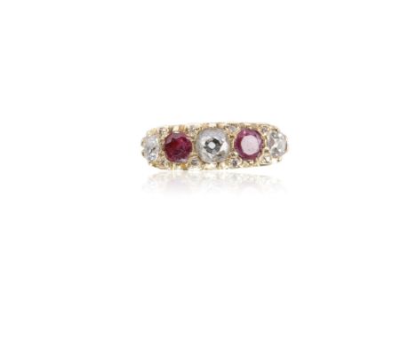 FIVE STONE DIAMOND AND RUBY RING, three graduating diamonds approximately .90ct total ,interspersed with two rubies and micro