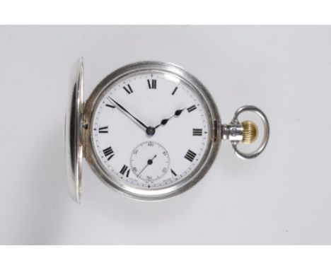 SILVER CASED HALF HUNTER GENTLEMAN'S POCKET WATCH with keyless wind, white enamel dial, subsidiary seconds dial and dark blue