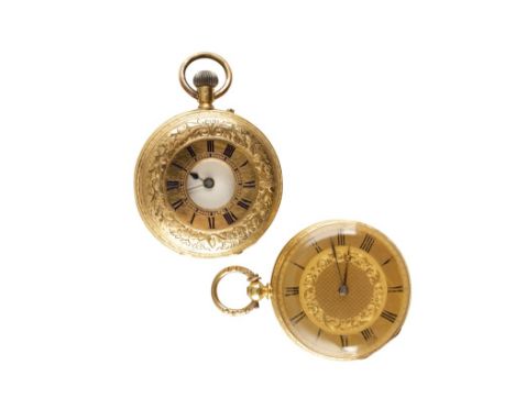 18CT GOLD HALF HUNTER POCKET WATCH with keyless wind movement, white enamel dial, black Roman numerals, dark blue steel hands