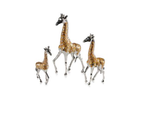 SET OF THREE CONTEMPORARY ITALIAN SILVER AND ENAMEL GIRAFFES, by Saturno, each with light and dark enamelled bodies and necks