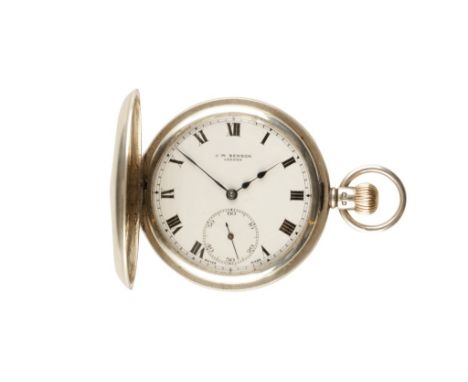 J.W. BENSON OF LONDON SILVER CASED HALF HUNTER GENTLEMAN'S POCKET WATCH with keyless wind, white enamel dial, black Roman num