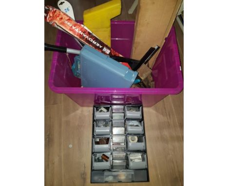 A BOX OF ASSORTED TOOLS AND A BOX CONTAINING ASSORTED SCREWS AND BOLTS ETC