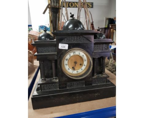 BLACK SLATE MANTLE CLOCK WITH BRASS DIAL NEEDS ATTENTION