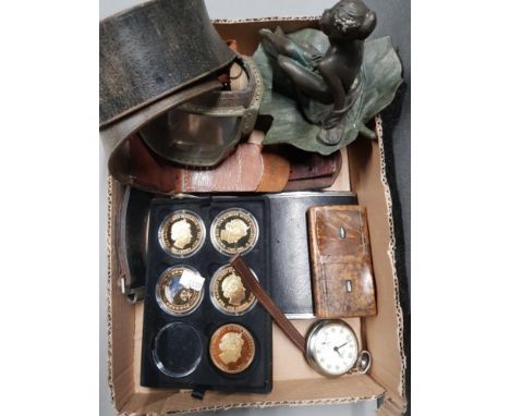TRAY LOT INCLUDES GILT COINS AND SMITHS POCKET WATCH ETC