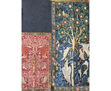 Four tapestry wall hangings depicting trees and birds, poppies and female sleeping.