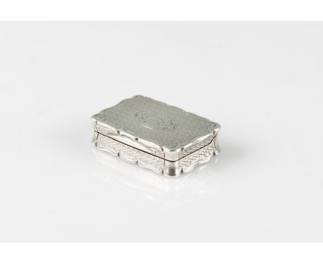 A Victorian silver snuff box, of rectangular form with machined engraving and central monogram, hallmarked Birmingham 1889, w