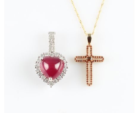 A 9ct yellow gold red diamond cross pendant, hallmarked Birmingham 2018, on a fancy curb link chain, yellow metal stamped 375