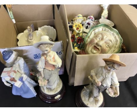 Various decorative items including Nao, Capodimonte and Tiptonware figurines, Beswick Sairey Gamp and Mr John Bull character 