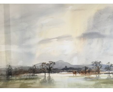 AUBREY R. PHILLIPS. Framed, signed in pencil, dated 1985 and titled ‘Severn Floods, Powick’, watercolour on paper, rural scen