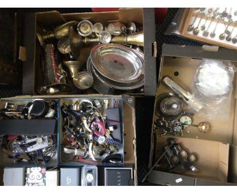 Three boxes of watches and silver dishes, cups, ice bucket, etc.