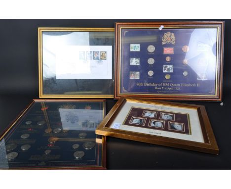 An assortment of framed vintage 20th century Great Britain &amp; Her Majesty Queen Elizabeth II British coinage &amp; stamps.