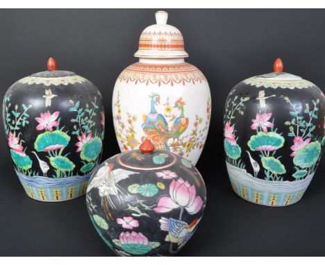 A collection of 20th century Chinese ginger jars of various large sizes. To include black ground with floral sprays, famille 