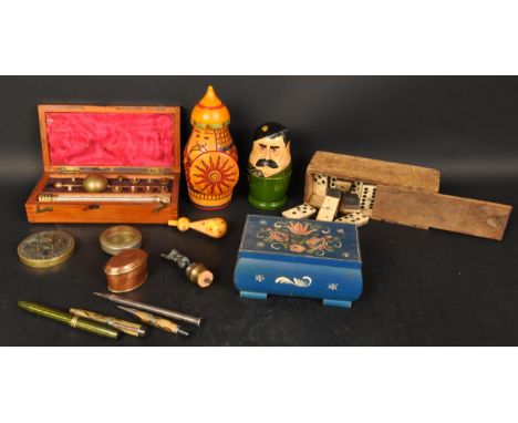A collection of various 20th Century vintage items. To include; Brewer's hydrometer, metal pens, copper pill box, brass weigh